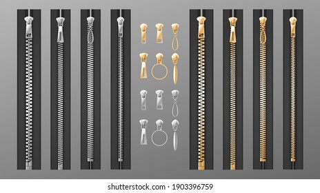 Zippers set. Realistic isolated silver and golden slide fastener elements on transparent background. Open and closed pullers for clothing and buckle. 3d vector illustration