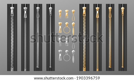 Zippers set. Realistic isolated silver and golden slide fastener elements on transparent background. Open and closed pullers for clothing and buckle. 3d vector illustration