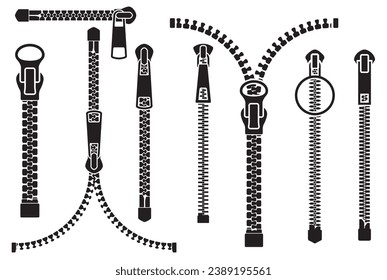 Zippers set, slide fastener elements, open and closed pullers for clothing with buckle, vector 