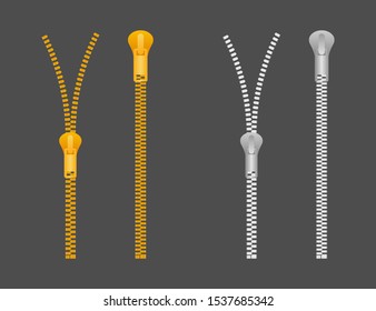 zippers type set fastener. Metallic closed and open zippers and pullers. Vector illustration.