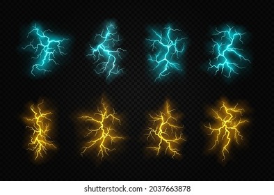 Zippers of various colors. The effect of lightning and lighting, set of lightning. Electric thunderbolt strike.