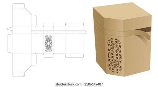 Zipping chamfered corner box with stenciled pattern die cut template and 3D mockup