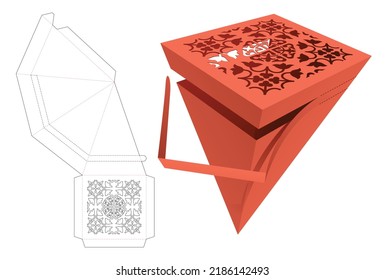 Zipping pyramid box with stenciled pattern die cut template and 3D mockup