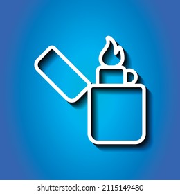 Zippo simple icon. Flat desing. White icon with shadow on blue background.ai