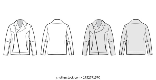 Zip-up biker jacket technical fashion illustration with oversized, front fold-over lapels collar, welt pockets, moto details. Flat coat template back white, grey color. Women men unisex top CAD mockup