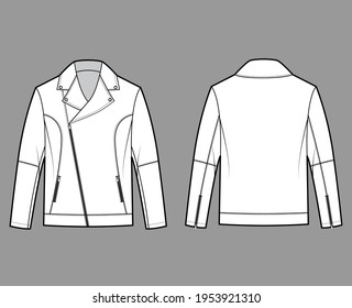 Zip-up biker jacket technical fashion illustration with oversized, zip front fold-over lapels collar, long sleeves, moto details. Flat coat template back white color style. Women unisex top CAD mockup