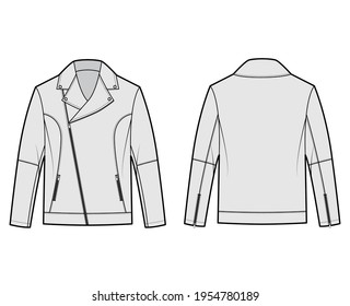 Zip-up biker jacket technical fashion illustration with oversized, asymmetrical zip front, long sleeves, welt pockets, moto details. Flat coat template back grey color style. Women men CAD mockup