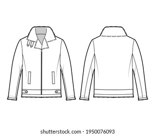 Zip-up Bomber Leder Jacke technische Mode-Illustration mit Pelzscheren, übergroßen, Kragen, langen Ärmeln, Taschen. Flaches Fell-Template vorne, weißer Hintergrund-Stil. Frauen ohne Ex-CAD-Modell