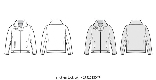 Zip-up Bomber leather jacket technical fashion illustration with tabs, oversized, thick collar, long sleeves, welt pockets. Flat coat front, back white, grey color style. Women men unisex CAD mockup