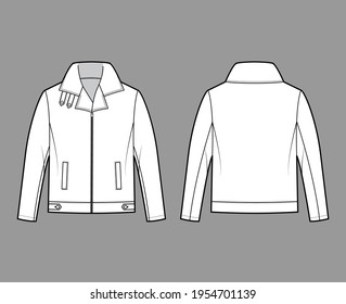 Zip-up Bomber leather jacket technical fashion illustration with tabs, oversized, thick collar, long sleeves, welt pockets. Flat coat template front back white color style. Women men unisex CAD mockup