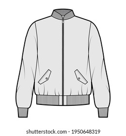 Zip-up Bomber ma-1 flight jacket technical fashion illustration with Rib collar, cuffs, oversized, long sleeves, flap pockets. Flat coat template front, grey color. Women men unisex top CAD mockup