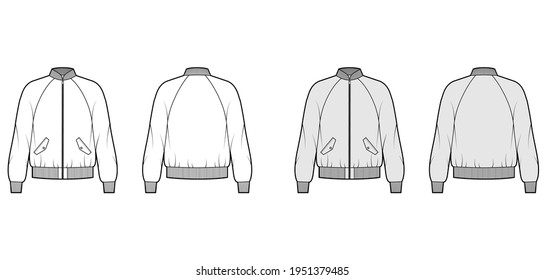 Zip-up Bomber ma-1 flight jacket technical fashion illustration with Rib baseball collar, raglan sleeves, flap pockets. Flat coat template front, back white grey color. Women men unisex top CAD mockup