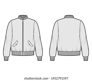 Zip-up Bomber ma-1 flight jacket technical fashion illustration with Rib collar, cuffs, oversize, long sleeve, flap pockets. Flat coat template front, back, grey color. Women men unisex top CAD mockup