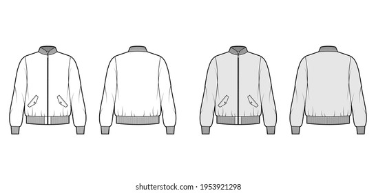 Zip-up Bomber ma-1 flight jacket technical fashion illustration with Rib baseball collar, cuffs, long sleeves, flap pockets. Flat template front, back white grey color. Women men unisex top CAD mockup