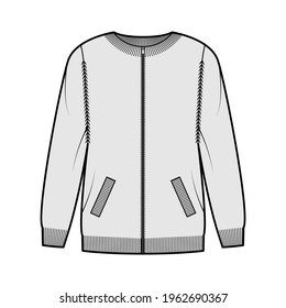 Zip-up cardigan Sweater technical fashion illustration with rib crew neck, long sleeves, oversized, knit trim, pockets. Flat jumper apparel front, grey color style. Women, men unisex CAD mockup