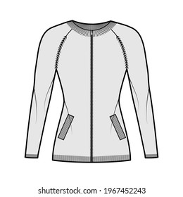 Zip-up cardigan Sweater technical fashion illustration with rib crew neck, long raglan sleeves, fitted body, knit trim, pockets. Flat jumper apparel front, grey color. Women, men unisex CAD mockup