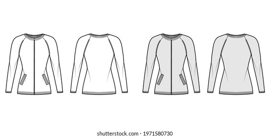 Zip-up cardigan Sweater technical fashion illustration with rib crew neck, long raglan sleeves, fitted body, knit trim. Flat jumper apparel front, back, white grey color. Women, men unisex CAD mockup