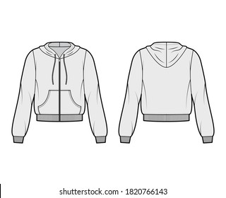 Zip-up cotton-fleece hoodie technical fashion illustration with relaxed fit, long sleeves, ribbed trims, front pocket. Flat jumper template front, back, grey color. Women, men, unisex sweatshirt top