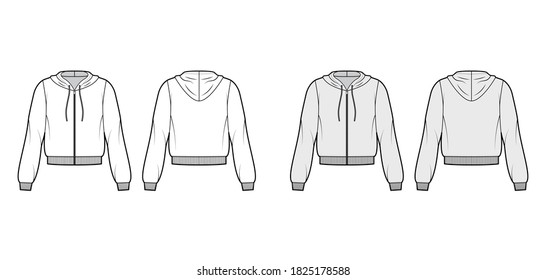 Zip-up cotton-fleece hoodie technical fashion illustration with relaxed fit, long sleeves, ribbed trims. Flat jumper apparel template front, back, white grey color. Women men unisex sweatshirt top CAD
