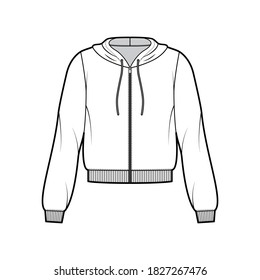 Zip-up cotton-fleece hoodie technical fashion illustration with relaxed fit, long sleeves, ribbed trims. Flat jumper apparel template front, white, color. Women, men, unisex sweatshirt top CAD mockup