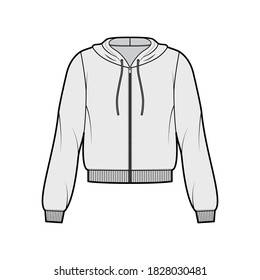 Zip-up cotton-fleece hoodie technical fashion illustration with relaxed fit, long sleeves, ribbed trims. Flat jumper apparel template front, grey color. Women, men, unisex sweatshirt top CAD mockup