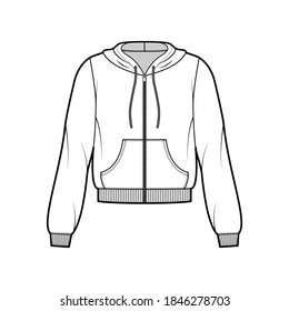 Zip-up cotton-fleece hoodie technical fashion illustration with relaxed fit, long sleeves, ribbed trims, front pocket. Flat jumper apparel template front white color. Women, men, unisex sweatshirt top