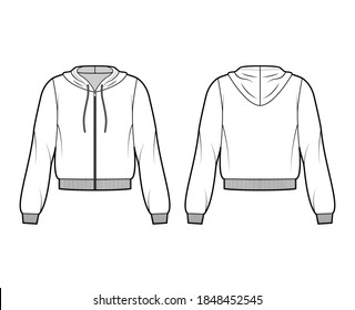 Zip-up cotton-fleece hoodie technical fashion illustration with relaxed fit, long sleeves, ribbed trims. Flat jumper apparel template front, back, white color. Women, men, unisex sweatshirt top mockup