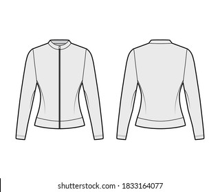 Zip-up cotton-jersey sweatshirt technical fashion illustration with fitted body, crew neckline, long sleeves. Flat jumper apparel outwear template front, back, grey color. Women, men, unisex top CAD