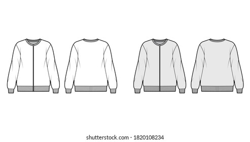 Zip-up cotton-terry oversized sweatshirt technical fashion illustration with relaxed fit, crew neckline, long sleeves. Flat jumper apparel template front, back white, grey color. Women men, unisex top