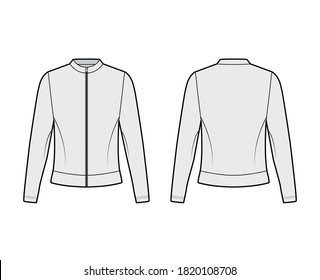 Zip-up cotton-terry sweatshirt technical fashion illustration with crew neckline, long sleeves, oversized. Flat jumper apparel outwear template front, back grey color. Women, men unisex top CAD mockup