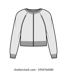 Zip-up cropped cardigan Sweater technical fashion illustration with rib crew neck, long raglan sleeves, knit trim. Flat jumper apparel front, grey color style. Women men unisex CAD mockup