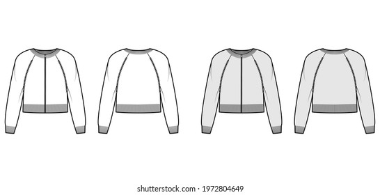 Zip-up cropped cardigan Sweater technical fashion illustration with rib crew neck, long raglan sleeves, knit trim. Flat jumper apparel front, back, white grey color style. Women men unisex CAD mockup
