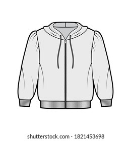 Zip-up cropped cotton-jersey hoodie technical fashion illustration with puffed shoulders, elbow sleeves, ribbed trims. Flat jumper apparel template front grey color. Women men unisex sweatshirt top