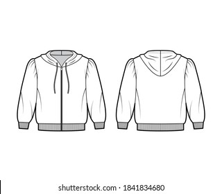 Zip-up cropped cotton-jersey hoodie technical fashion illustration with puffed shoulders, elbow sleeves, ribbed trims. Flat jumper template front back white color. Women men unisex sweatshirt top