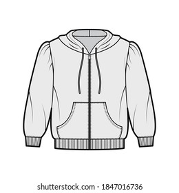Zip-up cropped cotton-jersey hoodie technical fashion illustration with puffed shoulders, elbow sleeves, front pocket. Flat jumper apparel template front grey color. Women men unisex sweatshirt top