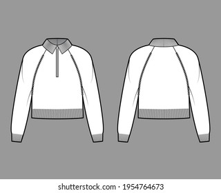 Zip-up cropped Sweater technical fashion illustration with rib henley neck, classic collar, long raglan sleeves, knit trim. Flat apparel front, back, white color style. Women, men unisex CAD mockup