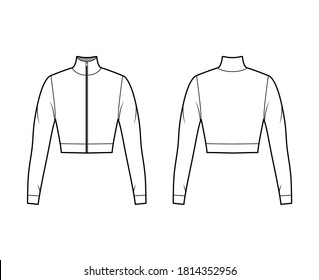 Zip-up cropped turtleneck jersey sweater technical fashion illustration with long sleeves, close-fitting shape. Flat outwear jumper apparel template front back white color. Women men unisex shirt top