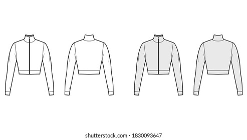 Zip-up cropped turtleneck jersey sweater technical fashion illustration with long sleeves, close-fitting shape. Flat jumper apparel template front back white grey color. Women men unisex shirt top CAD