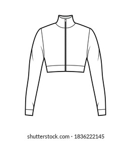 Zip-up cropped turtleneck jersey sweater technical fashion illustration with long sleeves, close-fitting shape. Flat outwear jumper apparel template front white color. Women men unisex shirt top CAD