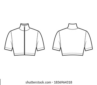 Zip-up cropped turtleneck jersey sweater technical fashion illustration with short sleeves, close-fitting shape. Flat outwear jumper apparel template front back white color. Women men unisex shirt top