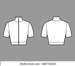 Zip-up cropped turtleneck jersey sweater technical fashion illustration with short sleeves, close-fitting shape. Flat outwear jumper apparel template front back white color. Women men unisex shirt top