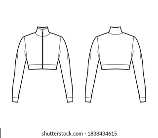 Zip-up cropped turtleneck jersey sweater technical fashion illustration with long sleeves, close-fitting shape. Flat outwear jumper apparel template front back white color. Women men unisex shirt top