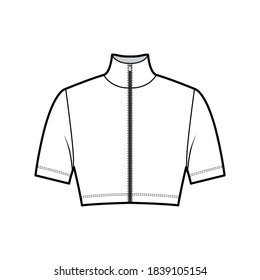 Zip-up cropped turtleneck jersey sweater technical fashion illustration with short sleeves, close-fitting shape. Flat outwear jumper apparel template front white color. Women men unisex shirt top CAD