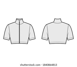 Zip-up cropped turtleneck jersey sweater technical fashion illustration with short sleeves, close-fitting shape. Flat outwear jumper apparel template front back white color. Women 
