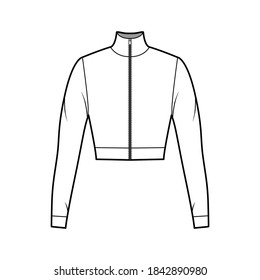 Zip-up cropped turtleneck jersey sweater technical fashion illustration with long sleeves, close-fitting shape. Flat outwear jumper apparel template front white color. Women men unisex shirt top CAD