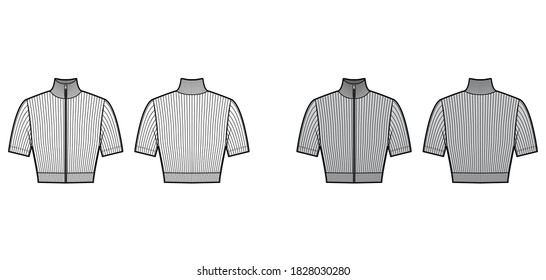 Ilustración técnica de la moda con mangas cortas y forma de ajuste de proximidad con el suéter de cuello de tortuga recortado por zip-up. Plantilla de puente plana de color gris blanco delantero. Mujeres hombres unisex camiseta superior CAD