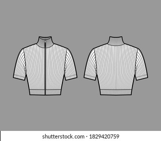 Zip-up cropped turtleneck ribbed-knit sweater technical fashion illustration with short sleeves close-fitting shape. Flat jumper apparel template front back white color. Women men unisex shirt top CAD