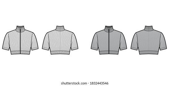 Zip-up cropped turtleneck ribbed-knit sweater technical fashion illustration with short sleeves, close-fitting shape. Flat jumper template front back white grey color. Women men unisex shirt top CAD
