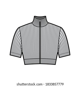 Ilustración técnica de la moda con mangas cortas y forma de ajuste de proximidad con el suéter de cuello de tortuga recortado por zip-up. Plantilla de prendas de puente planas de color gris frontal. Hombres mujeres unisex camiseta top mockup