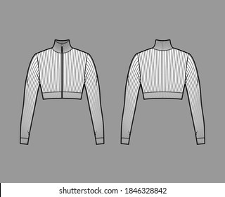 Zip-up cropped turtleneck ribbed-knit sweater technical fashion illustration with long sleeves, close-fitting shape. Flat jumper apparel template front back white color. Women men unisex shirt top CAD